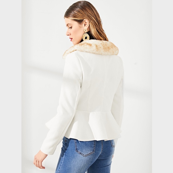 White Peplum Coat Jacket Faux Fur Wrap Style - Picture 3 of 5